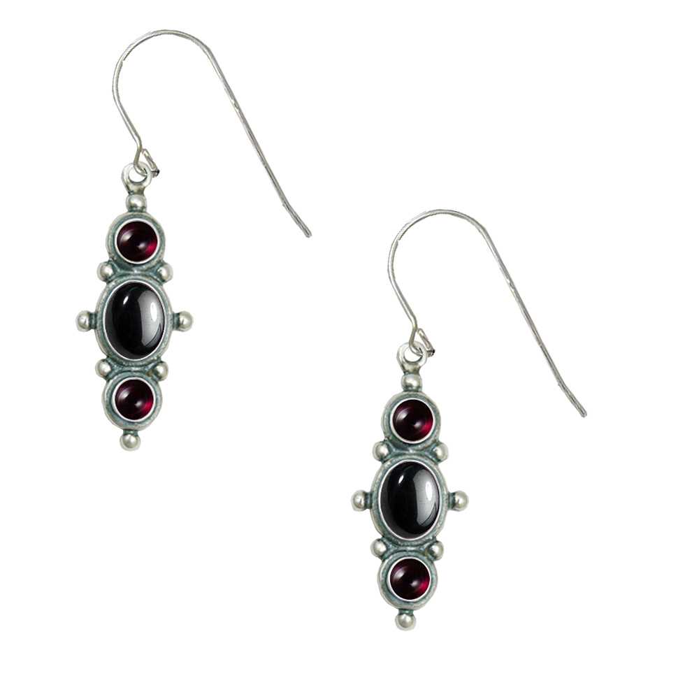 Sterling Silver Drop Dangle Earrings With Hematite And Garnet